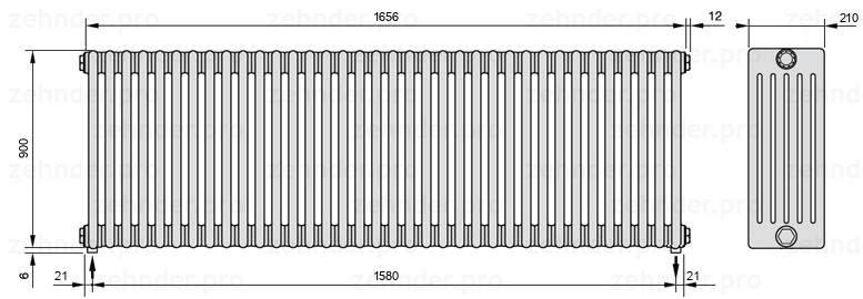 Схема (чертеж) Радиатор Zehnder Charleston 6090/36 №5310 Белый глянцевый RAL 9016